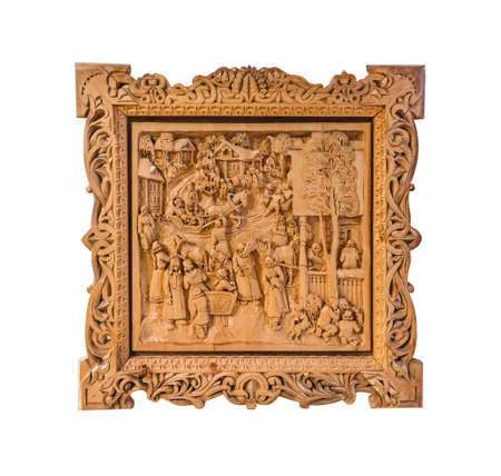 Sortavala, Russia - July 29, 2020: Pictures of Russian life carved from wood by the artist Kronid Gogolev in the museum.のeditorial素材