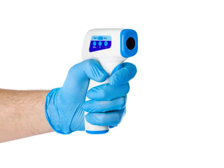 Hand with infrared thermometer isolated on white background