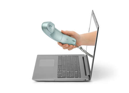 Hand with telephone and notebook isolated on white background
