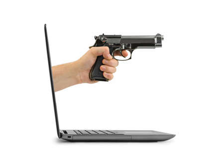 Hand with gun and notebook isolated on white background