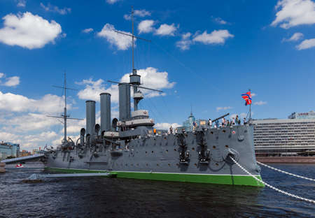 Saint-Petersburg, Russia - July 27, 2020: Aurora cruiser museum ship on Neva river.のeditorial素材