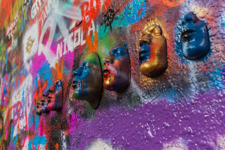 Prague, Czech Republic - November 02, 2017: Famous Graffiti on the wall of John Lennon.のeditorial素材