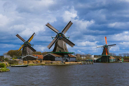 Windmills in Zaanse Schans - Netherlands - architecture backgroundの写真素材