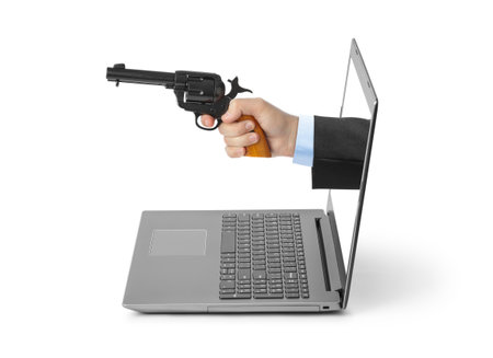 Hand with gun and notebook isolated on white background