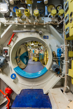Moscow, Russia - May 04, 2018: Interior of Russian Soviet submarine in museum of naval forces.のeditorial素材