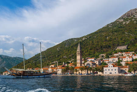 Village Perast on coast of Boka Kotor bay - Montenegro - nature and architecture backgroundの写真素材