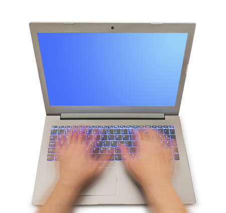Notebook and motion blur hands isolated on white background