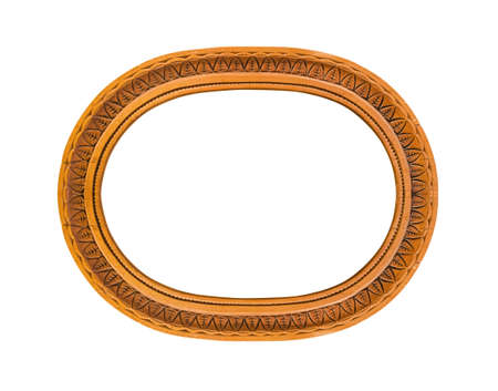 Old wooden photo frame with abstract Russian ornament isolated on white backgroundの写真素材