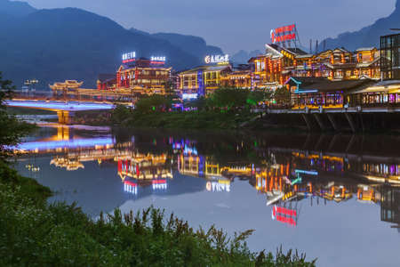Wulingyuan, China - May 27, 2018: Town Wulingyuan at sunset in Tianzi Avatar mountains nature park.