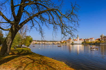 Prague, Czech Republic - October 17, 2017: People boating on the Vltava in center of Prague.のeditorial素材