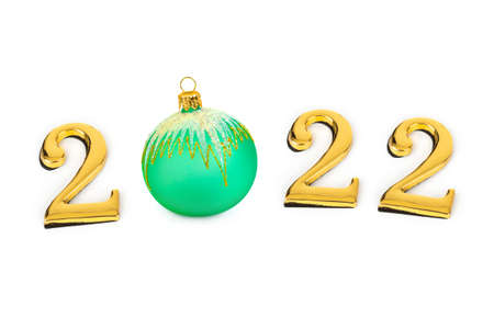Numbers 2022 and christmas toy isolated on white backgroundの写真素材