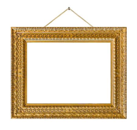 Old wooden picture frame hanging on a rope isolated on white backgroundの写真素材