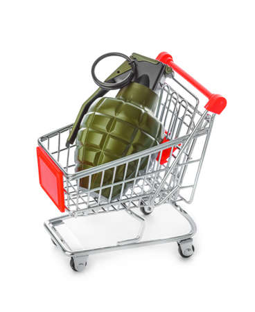 Hand grenade in shopping cart isolated on white backgroundの写真素材