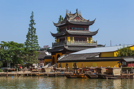 Shanghai, China - May 23, 2018: Boat cruise on the canal in Zhujiajiao water town.のeditorial素材