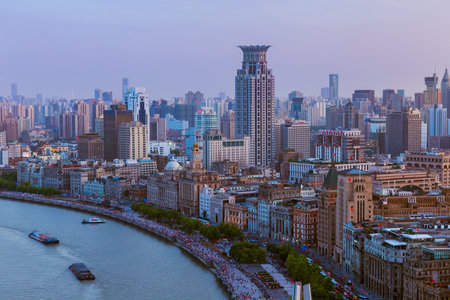 Shanghai, China - May 23, 2018: Sunset view of the colonial embankment skyline in Shanghai, China.のeditorial素材
