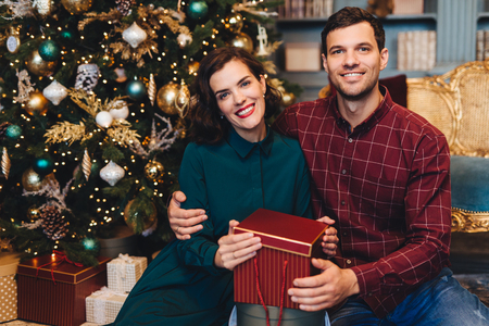 Happy delightful couple in love, embrace each other, sit near decorated New Year tree, hold present, being glad to celebrate winter holidays together. Husband and wife celebrate Christmas at homeの写真素材