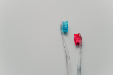 Dental equipment over white background. Toothbrushes for your hygiene and brushing teeth. Horizontal shot with empty spaceの写真素材