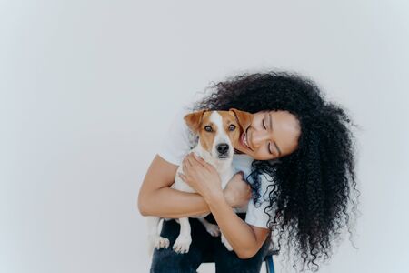 Image of playful pretty woman with Afro hairstyle, smiles gladfully, holds domestic animal, carries dog to veterian, isolated over white background. Glad lady petts jack russell terrier at home.の写真素材