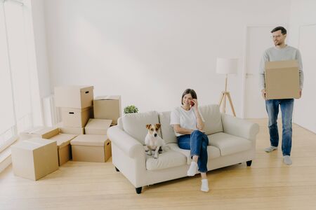 Loving spouses pose in rented apartment, woman relaxes on couch with pet, speaks via modern smartphone, smiles happily, busy husband holds cardboard box with belongings, justed moved in new apartmentの写真素材