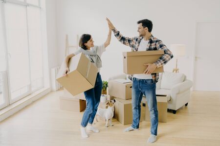 Young couple five high five to each other, carry big cardboard boxes during moving day, agree to work as team, pose in new apartment with dog and households items, have plan to decorate homeの写真素材