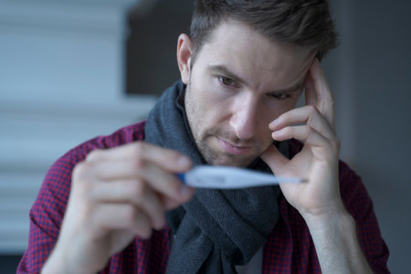 Unhealthy sad young German businessman wearing scarf around neck looking at electronic thermometer,...
