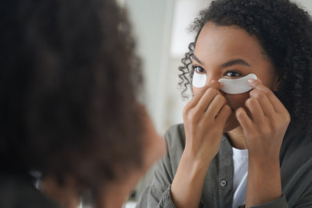 African American girl applies under-eye patches as part of her skincare and beauty routine, taking care of her facial skin.の写真素材