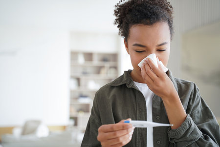 Sick mixed race teen girl blows nose, measures temp with electronic thermometer, showing COVID symptoms.の写真素材