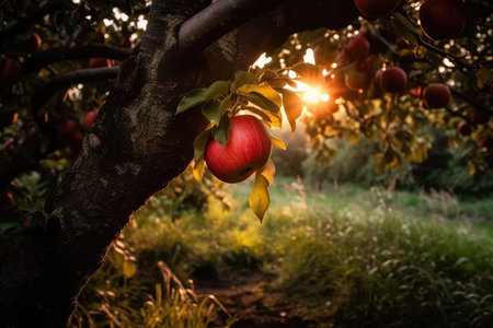Red apple hanging on treeの素材