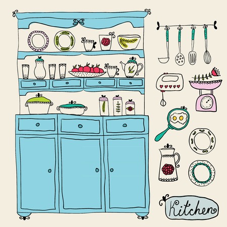 kitchen set in vector. Design elements: kitchen Cabinet, kitchen utensils, mixer, scales, and otherのイラスト素材