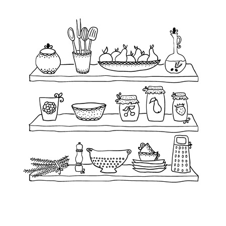 Kitchen utensils on shelves, sketch drawing のイラスト素材