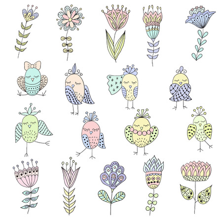 Cute birds in different actions with set of flowers. Cartoon collection.のイラスト素材