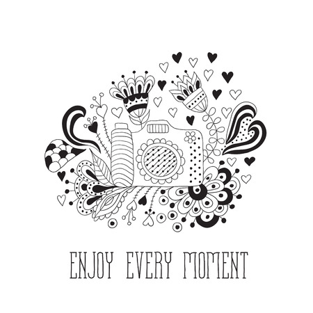 Photo camera with motivational quotes, remember every moment. Photo camera with flower.のイラスト素材