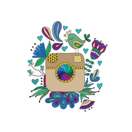 Sketch of a photo camera drawn by hand on a white backgroundのイラスト素材