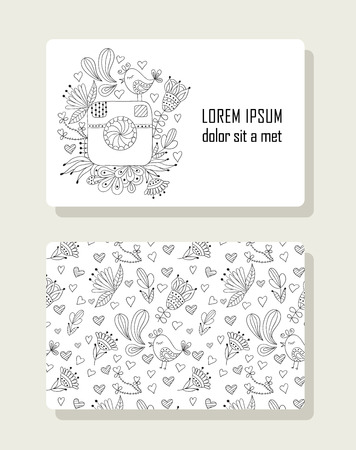 Card with hand drawn floral elements and photo camera and pattern.のイラスト素材