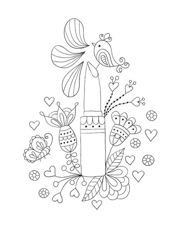 womens lipstick with flowers and bird on white backgroundのイラスト素材