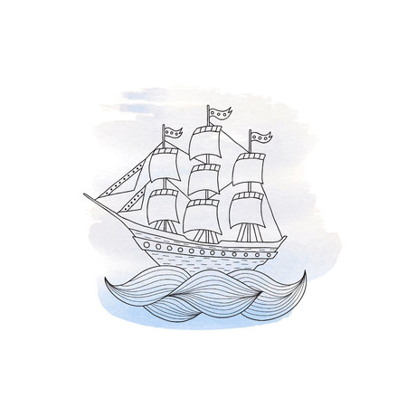 Ship with sails on a blue watercolor backgroundのイラスト素材
