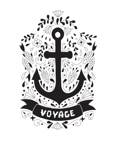 Silhouette of an anchor on a background with ornamentsのイラスト素材