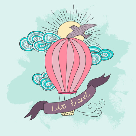 Vintage background with hot air balloon and motivational quotes, Let's travel.のイラスト素材