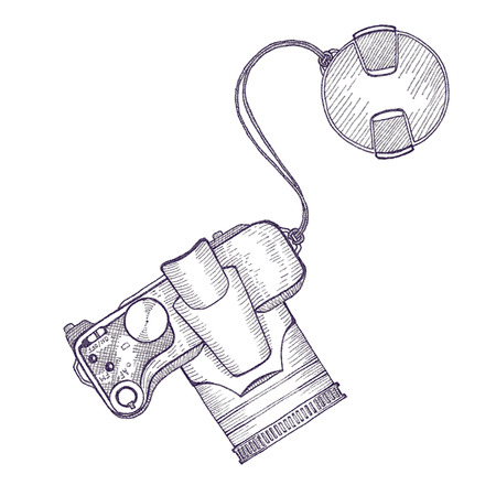 Sketch of a photo camera drawn by hand on a white backgroundのイラスト素材