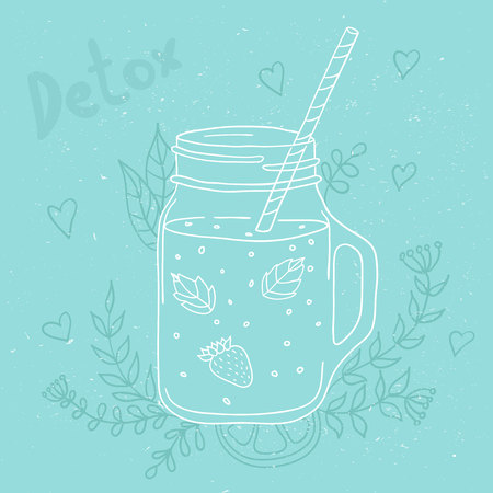 Bottle smoothie with mint and strawberries. Doodle. Detox and healthy eating. Hand-drawing.のイラスト素材