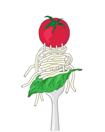 Spaghetti with cherry tomato and Basil leaf on a fork. Hand drawn italian pasta.のイラスト素材