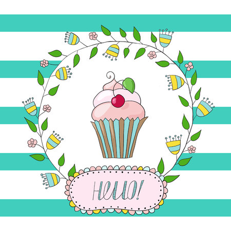 Greeting card, invitation in a turquoise strip with a frame of flowers and leaves with inscription inside.のイラスト素材