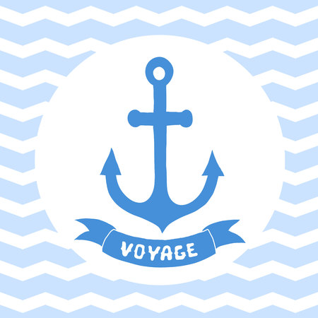 Greeting card, invitation with blue stripes with round frame and anchor in the center.のイラスト素材