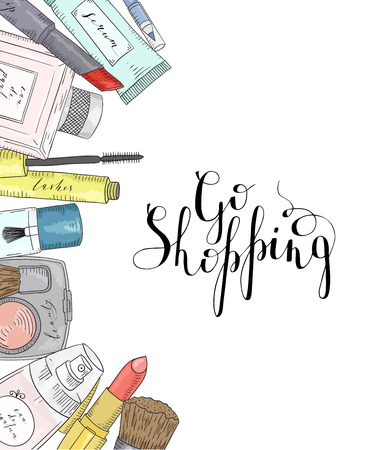 Hand drawn cosmetics set. Beauty and makeup. The image has a mask applied.のイラスト素材