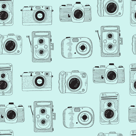 Photo cameras pattern. Vector hand drawn illustration.のイラスト素材