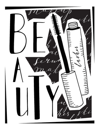 Card about cosmetics, with the image of mascara. With the word lettering beauty.のイラスト素材