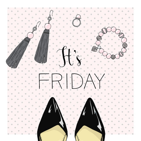 A poster with the inscription and female shoes and jewelry.のイラスト素材