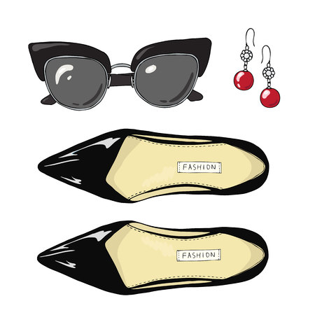 Fashion women shoes with sunglasses and earringsのイラスト素材