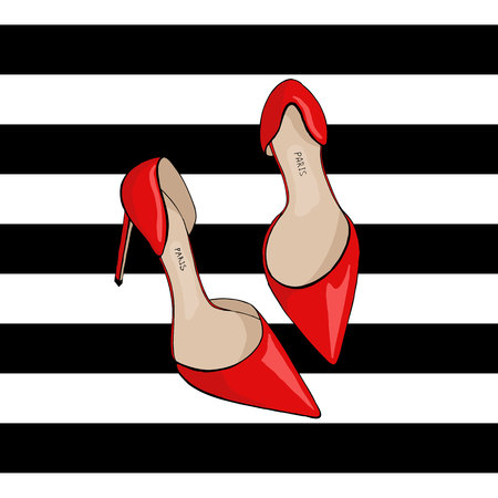 Red shoes on black and white striped background.のイラスト素材