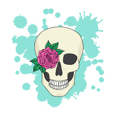 Skull with flower on the background of colorful blots.のイラスト素材